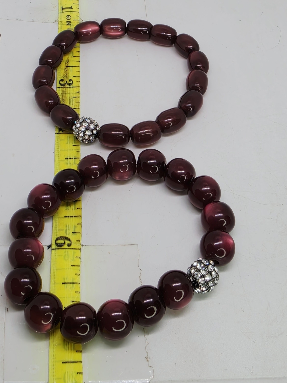 Vintage Burgundy Cat Eye Stack Stretch Bracelet Rhinestone Pave Disco Bead Lot 2 - Picture 7 of 7